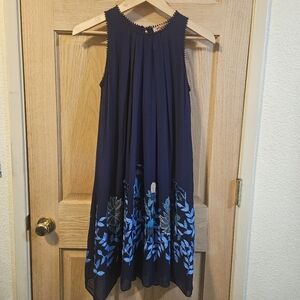 Size 4 Anthropologie Not So Serious Navy Sleeveless Dress with Floral Embroidery